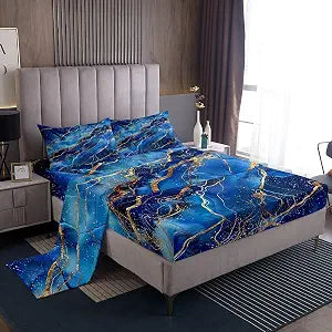 Feelyou Navy Blue Marble Texture Bed Sheets Set Teal Abstract Sheet Set Girls Navy Blue Gold Decorative Sheets with Deep Pocket Fitted Sheet Golden Streaks Bedding Set 4Pcs King Size