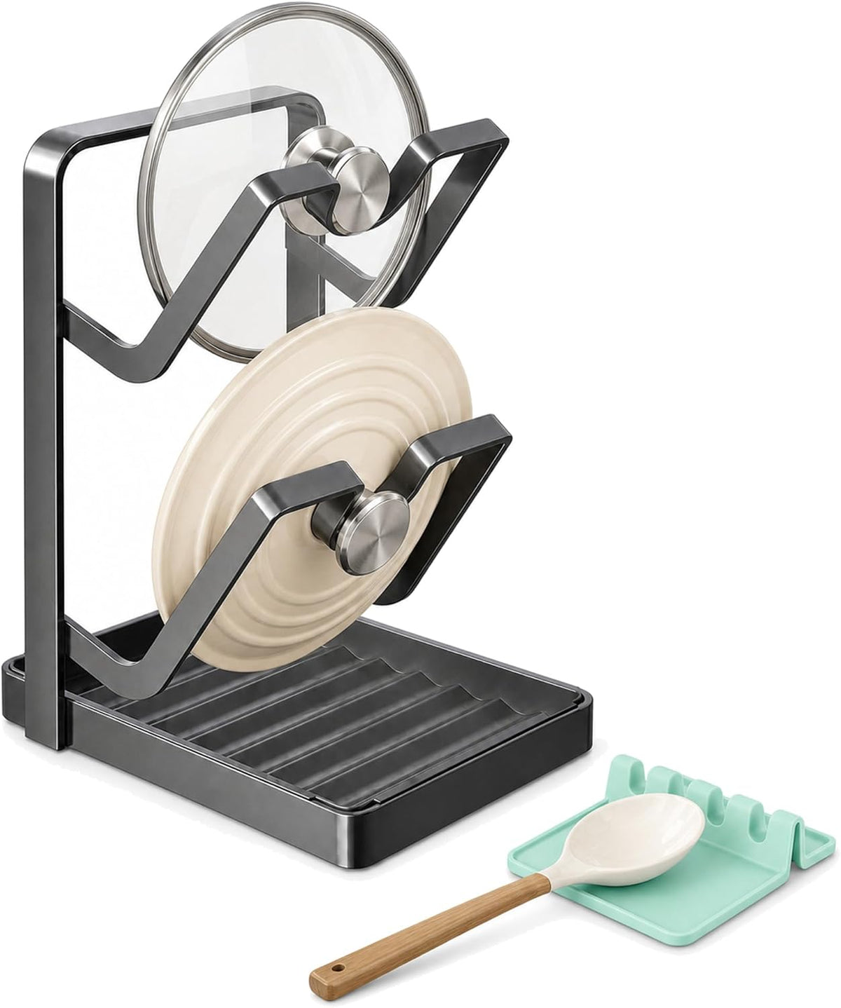 2-Tier Pot Lid Holder While Cooking with Drip Tray and Spoon Rest