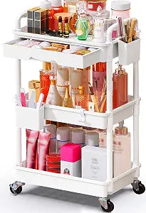 SUNALLY Makeup Cart Organizer with Drawer,3 Tier Rolling Makeup Cart, White