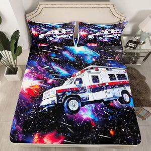 Erosebridal Ambulance Kids Fitted Sheet Car Bedding Set Twin Size for Boys Girls Bedroom Decor Emergency Responder Vehicles Bed Sheets Purple Galaxy Starry Sky Sheets