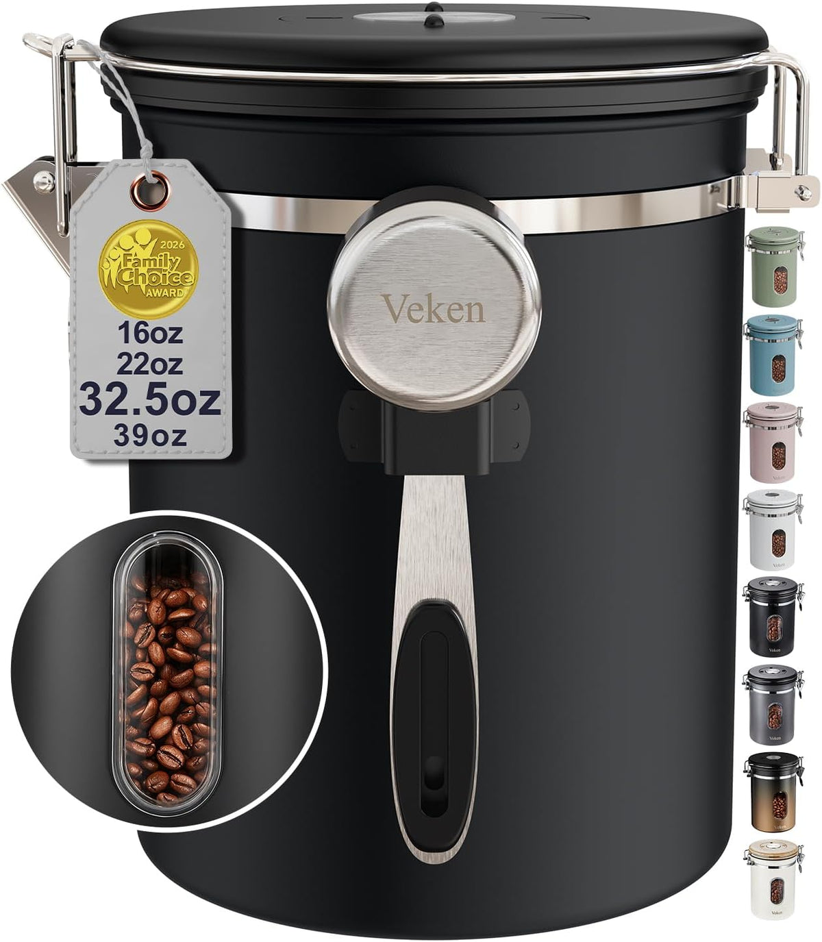 Veken Coffee Canister with Window,Airtight Stainless Steel Container,32.5OZ