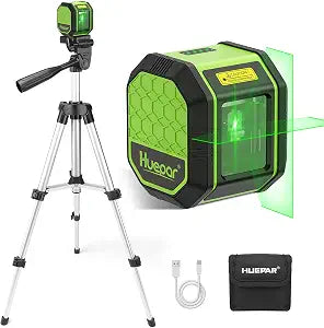 Laser Level with 25.6 Inch Tripod, Huepar 100Ft Self Leveling Laser Level Rechargeable Green Cross Line Lazer Leveler Tool for Picture Hanging, Tile, Home Renovation, Carrying Bag Included