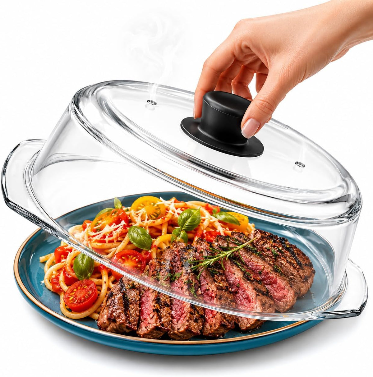 Glass Microwave Splatter Cover for Food,Plate Guard Lid with Ceramic Screw,Plate Splatter Guard Lid with Vent Holes & Easy-Grip Handleï¼ŒBPA Free, Dishwasher Safeï¼ˆ10in ï¼‰