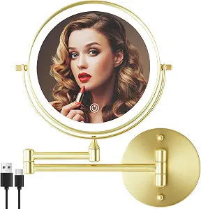 8" Wall Mounted Lighted Makeup Mirror, 1X/10X, Gold