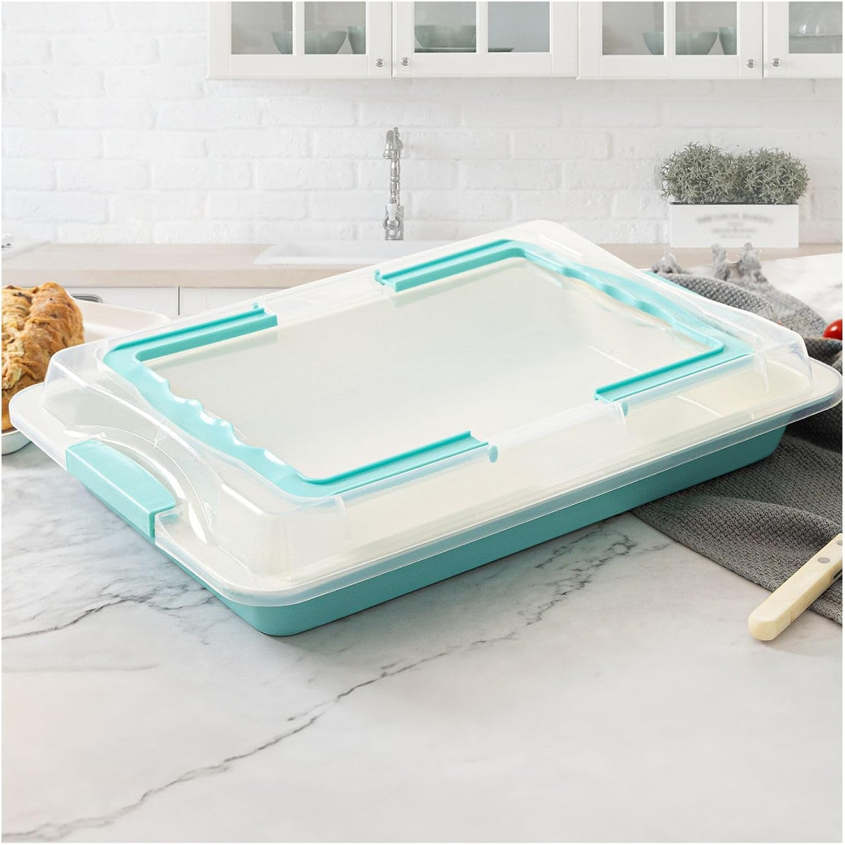 15x10 Sheet Cake Pan with Lid, 2" Deep Nonstick Ceramic, Teal