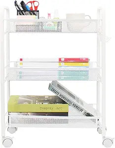 3-Tier Mesh Rolling Cart - 24.8" H Fits Under Desk Metal Cart with Wheel