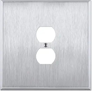 OVERSIZED Jumbo Metal Outlet Cover, 2 Gang Electrical Outlet Cover (for 1 Centered Device), Oversize Wall Plate Cover for Duplex Outlets, Brushed Stainless Steel - UL Listed, 5.5" x 5.5" - Made in USA