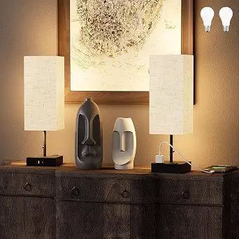 YIDPU Table Lamp for Bedroom with USB,Bedside Lamp with USB C+A Charging Ports,Adjustable 3color LED Light for Home Decor/Nightstand/Office,Included Bulb and Fabric Lamp Shade (Linen White, 2PCS)