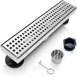 12 Inch Removable Cover Linear Shower Drain 304 Stainless Steel Rectangular Floor Drain for Kitchen Bathroom Square Hole Pattern Drain with Accessories Hair Strainer Adjustable Leveling Feet (Silver)