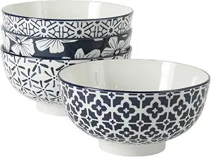 Gibson Home Castle Way 4-Piece Large Serving Bowl Set, 8 Inch Round Stoneware Bowls, Blue & White Assorted Pattern, Decorative Everyday Use