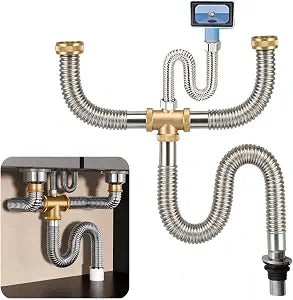 Double Sink Drain Kit, Stainless Steel Corrugated Flexible Drain Hose, Adjustable Sink Drain Pipe Kit for Kitchen & Bathroom Sinks, Fits 1-1/2" & 1-1/4", with or Without Overflow