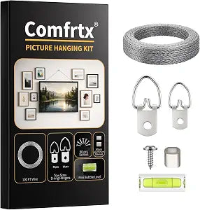 Picture Hanging Wire Kit - 100FT Braided Wire with D Ring Picture Hangers(40 Small+20 Heavy Duty), Screws, Aluminum Crimping Sleeves & Level - Wall Hanging Hardware for Canvas, Frames, Mirrors