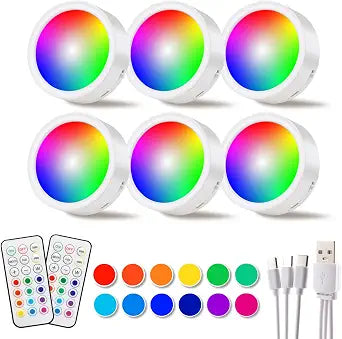 DAMI Under Cabinet Lighting with Remote Control, Rechargeable Battery Operated Wireless Shelf Lights, Under Cabinet Lights Stick on Tap, Color Changing Puck Lights for Kitchen, 6 Pack, White