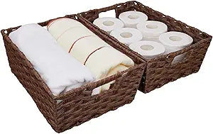 Onlytak Large Wicker Storage Basket, Metal Frame, Set of 2, Washable Waterproof, 15" x 10.3" x 5.2", Brown Color, Woven Basket for Pantry, Toilet, Bathroom, Bedroom, Patio
