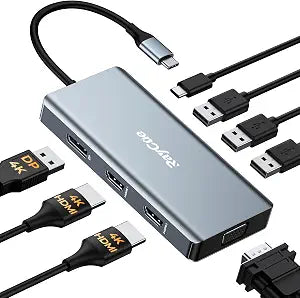 USB C Docking Station Dual Monitor Adapter, 8 in 1 Laptop Docking Station 3 Monitors Quadruple Display USB C Hub Dongle to 4K HDMI+DP+VGA