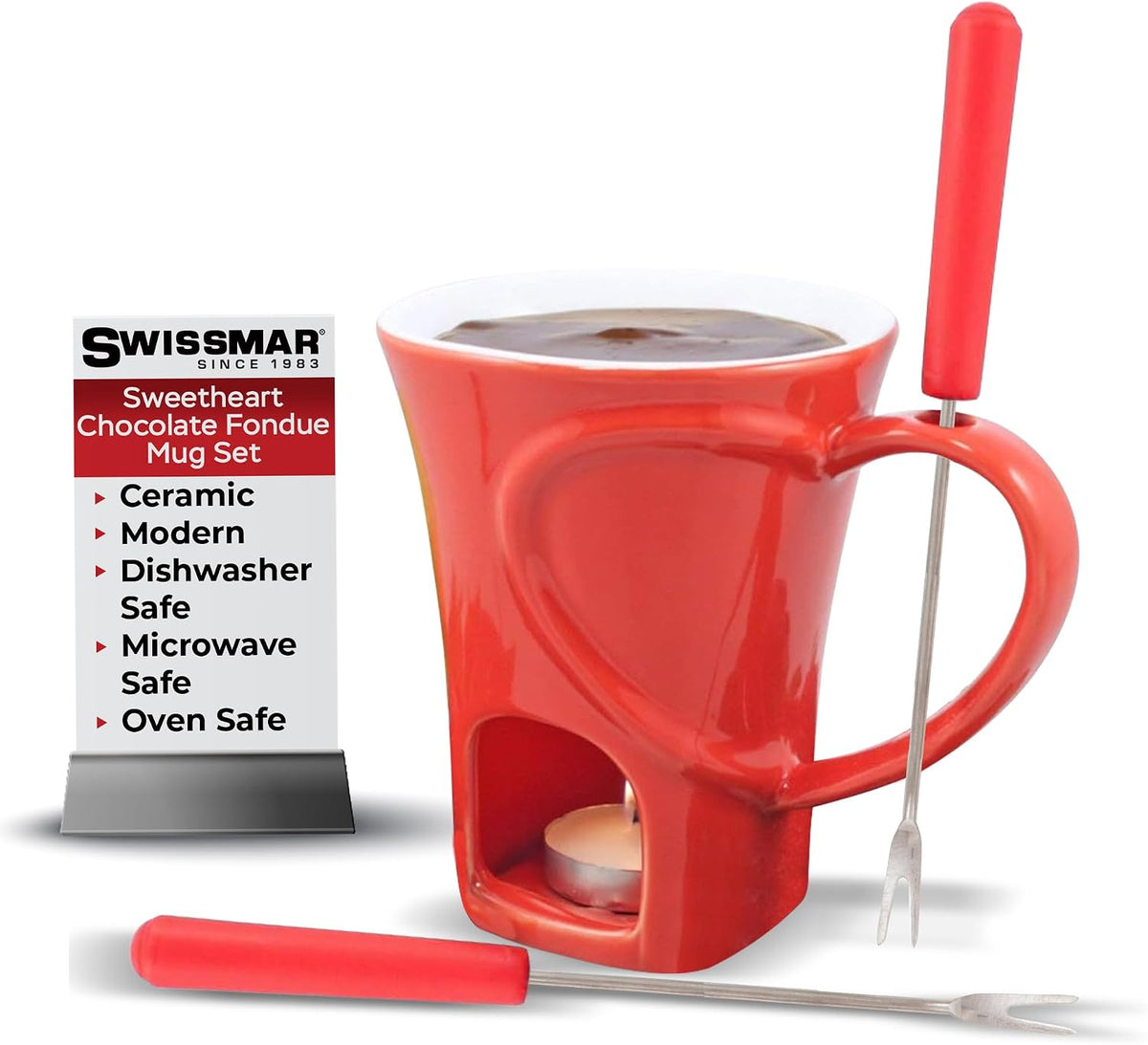 Swissmar 4-Piece Sweetheart Chocolate Fondue Mug Set - Mini Fondue Set for Keeping Chocolate, Caramel, Cheese, & More Warm - Ideal Gift for Weddings & Desserts