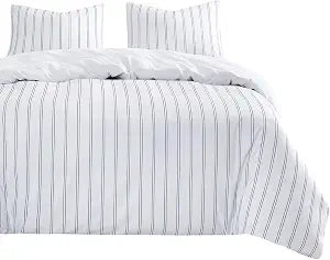 Wake In Cloud - Striped Comforter Set, Ticking Stripe Vertical Pinstripe Neutral Farmhouse Pattern Printed, Soft Lightweight Bedding, 3 Pieces, Navy White, Queen Size