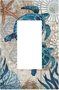 Ocean Beach Green Sea Turtles Decorative 1 Gang Single Decorator GFCI/Rocker Wall Plate Tropical Summer Starfish Coral Reef Nautical Map Electrical Receptacle Outlet Light Switch Cover for Dimmer, USB