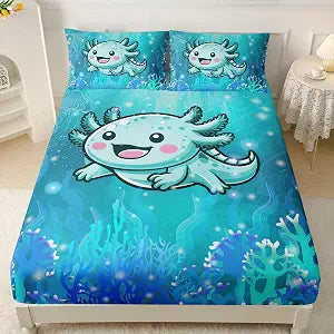 AILONEN Cute Axolotl Kids Fitted Sheet Set Twin XL Size, Blue Ocean Animal Kawaii Bed Sheet Set Decor,Jellyfish Coral TwinXL Fitted Sheet with 2 Pillowcases,3 Pieces