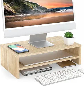 FITUEYES Wooden Monitor Stand Riser, 2-Tier Desk Storage Shelf, Oak