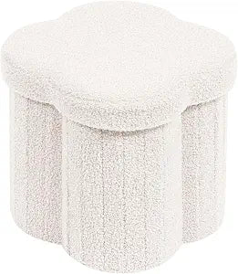 PINPLUS Storage Ottoman Cube Flower-Shaped Boucle Footrest with Hidden Storage, Multi-Functional Cube Seat for Living Room, Dorm - White 12.6"x12.6"x12.6"