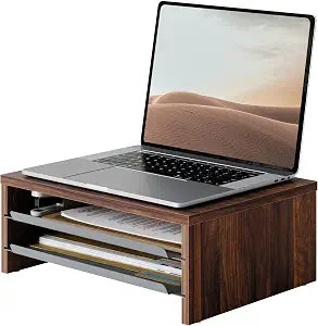 Fenge 14.3-Inch Monitor Stand with Slide-Out Trays, Wood & Metal Desk Shelf