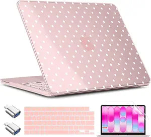 TWOLSKOO for MacBook Neo 13 inch Case 2026 A3404 A18 Pro Chip, Plastic Hard Shell Pattern Case with Type C Adapter, 2 Webcam Covers, Keyboard Cover & Screen Protector, Blush Polka Dot