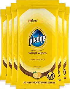 Pledge Pre-Moistened Wood Furniture Wipes, Lemon, 144 Total Count, (6-Pack)