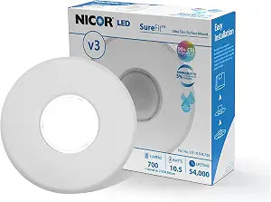SureFit V3 LED Ceiling Light with Round White Trim  3000K, 700 Lumens Bedroom Lights for Ceiling  Dimmable, Ultra-Slim Flush Mount Fits 4 J-Boxes  Wet-Location Rated by NICOR Lighting