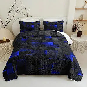 Nttopship 3 Piece Blue Black Geometry Quilt Sets Twin Size,Neon Honeycomb Microfiber Bedding Set,Vibrant Bright Soft Lightweight Comforter Bedspread Coverlet (68''x86'') with 2 Pillow Case (20"x 30")