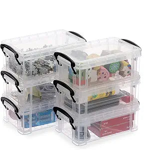 BTSKY 6 Pack Small Clear Plastic Storage Box with Lid Mini Sewing Box Organizer with Black Latch Stackable Craft Storage Containers Small Organizer Box for Stationery, Jewelry, and More