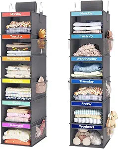 Fixwal Weekly Kids Clothes Organizer 2 Pack 6-Shelf Hanging Storage