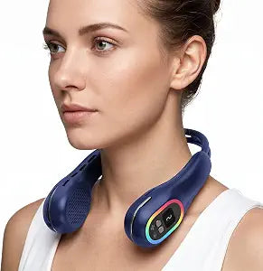 VEKK Portable Neck Fan, 6000mAh Bladeless Wearable Fan, 3 Speeds, RGB, Blue