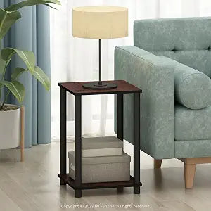 Furinno TURN-N-TUBE Side Table Set of 2, 2-Tier Modern Square End Table with Open Shelf, Toolless Stackable Night Stand, Bedside Table, for Living Room, Bedroom, Dark Cherry