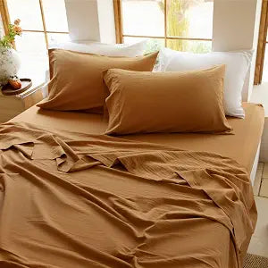 BISELINA 100% Washed Cotton Sheet Set Full Size 4 Pieces Soft Breathable Durable Chic Bedding Set for All Season - Dark Orange, Full