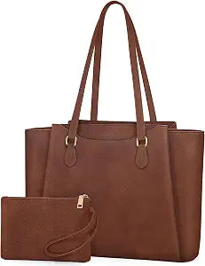 RAINSMORE Laptop Bag for Women 15.6 Inch, Waterproof Faux Leather Work Tote Bag with Clutch Purse, Large Office Bag for Commute, College, Retro Brown
