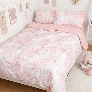 4 Pieces Twin XL Pink Pleated Dorm Bedding Sets, Pinch Pleat Pink Bed Collection with Duvet Cover, Sheets, Pillowcase for Dorm Home Bedroom