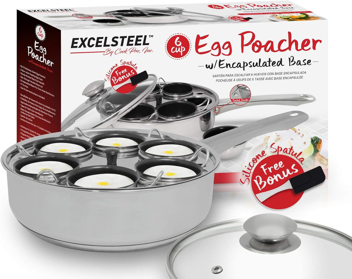 EXCELSTEEL Non Stick Easy Use Rust Resistant Home Kitchen Breakfast Brunch Induction Cooktop Egg Poacher, 6 Cup, Stainless Steel, Round