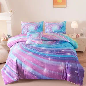 Full Bedding Set for Girls, Purple Glitter Stars Comforter Set for Girls, Galaxy Bedding Sets Full Size