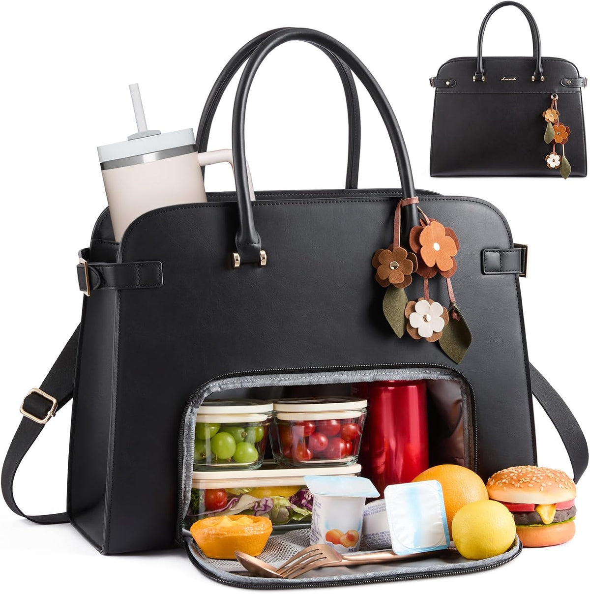 LOVEVOOK Lunch Tote Bag for Women, Insulated Lunch Bag with 15.6 Inch Laptop Compartment, Expandable Leather Work Tote with 40oz Tumbler Pocket, Office Bag for Teacher Nurse Travel