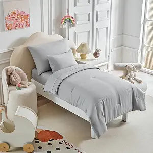 Kids Comforter Sheet Set - Soft and Breathable Bed Set Includes Quilted Comforter, Fitted Sheet, Flat Top Sheet, Pillowcase and Toddler Pillowcase for Toddler - 5 Pieces Toddler Bedding Set Gray