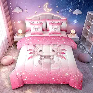 Feelyou Cute Axolotl Comforter Set Full 7 Pieces Glitter Starry Bedding Set