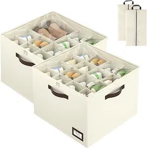 OIAHOMY 2 Pack Shoe Organizer for Closet, Large Foldable Shoe Storage Bins with Dividers and Reinforced Handles, Each Clear Cover Sneaker Box Fits Up to 16 Pairs for Entryway and Bedroom, Beige