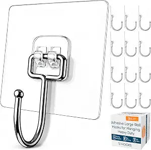 Adhesive Large Wall Hooks for Hanging Heavy Duty No Drill, 22 lbs, 12 pcs