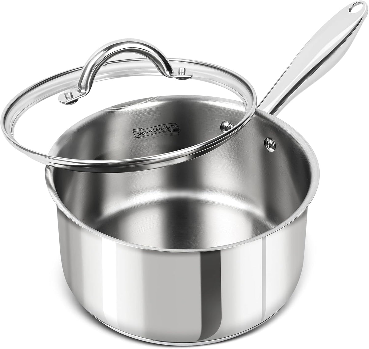 MICHELANGELO 3 Quart Saucepan with Lid, 18/10 Stainless Steel Sauce Pan with Tri-Ply Bottom, 3QT Sauce Pot, Induction Compatible