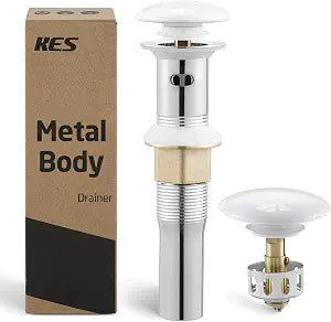 KES Bathroom Sink Drain Strainer with Overflow, Pop Up Drain Stopper, w/Strainer Basket Anti-Clog Hair Catcher, (Ceramic Cap and All-Metal Body), White, S2013A-CW