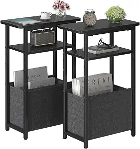 sthmec Narrow Side Table Set of 2, Skinny End Tables with Fabric Basket, Small Side Tables for Small Space,2-Tier Open Shelves with Basket, Slim Nightstands Set 2 for Bedroom,Livinroom,Office, Black