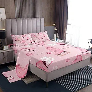 Manfei Ice Skating Kids Sheet Twin Size,Cartoon Snowflake Dreamy Bedding Set,Girls Women Room Decor,Figure Skating Winter Sports Games Pink White Bed Sheet Set 3pcs(Fitted + Flat + 1 Pillowcase)