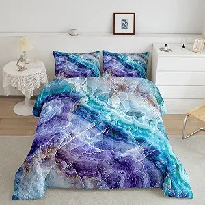 Castle Fairy Marble Bedding Set Twin Size Modern Marbling Comforter Boys Girls Bedroom Decor Fashion Fluid Stripes Comforter Set Purple Teal Duvet Set 2Pcs Quilt Set Set with 1 Pillowcase