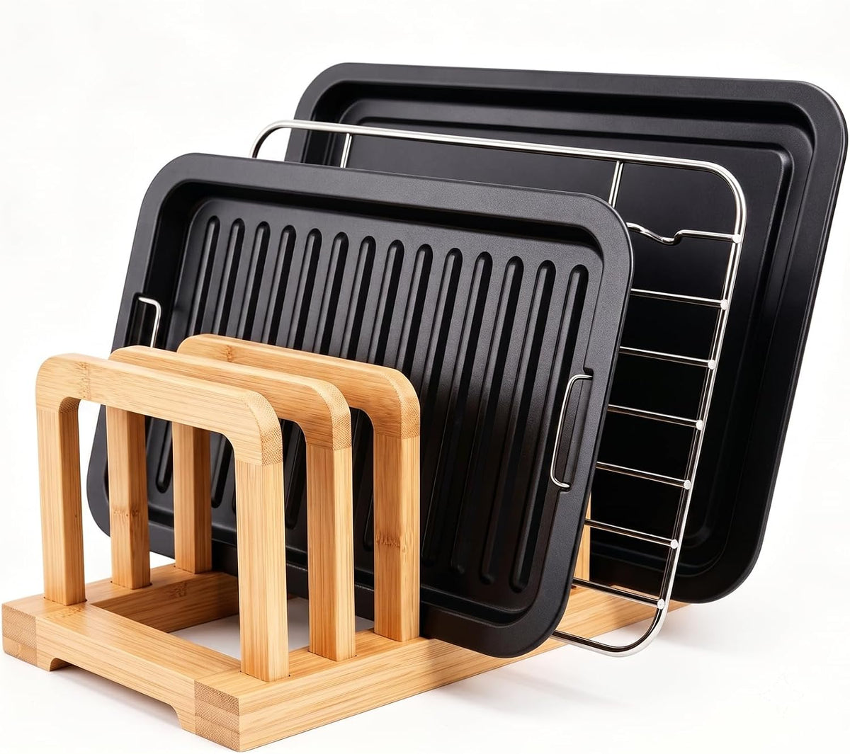 Bamboo 5-Slot Adjustable Cutting Board Rack & Bakeware Organizer